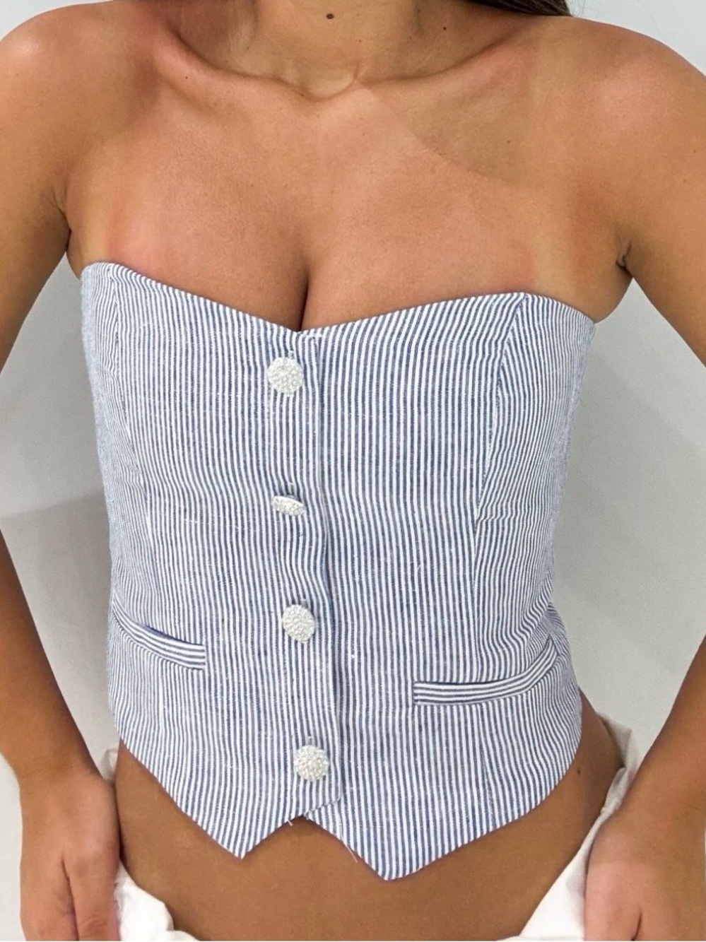 Olivaceous Blue & White Striped Top with Label Detail